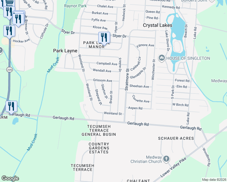 map of restaurants, bars, coffee shops, grocery stores, and more near 210 Braun Street in New Carlisle