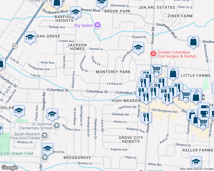 map of restaurants, bars, coffee shops, grocery stores, and more near 2745 La Rosa Drive in Grove City