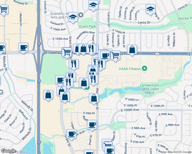 map of restaurants, bars, coffee shops, grocery stores, and more near 10245 Washington Street in Denver