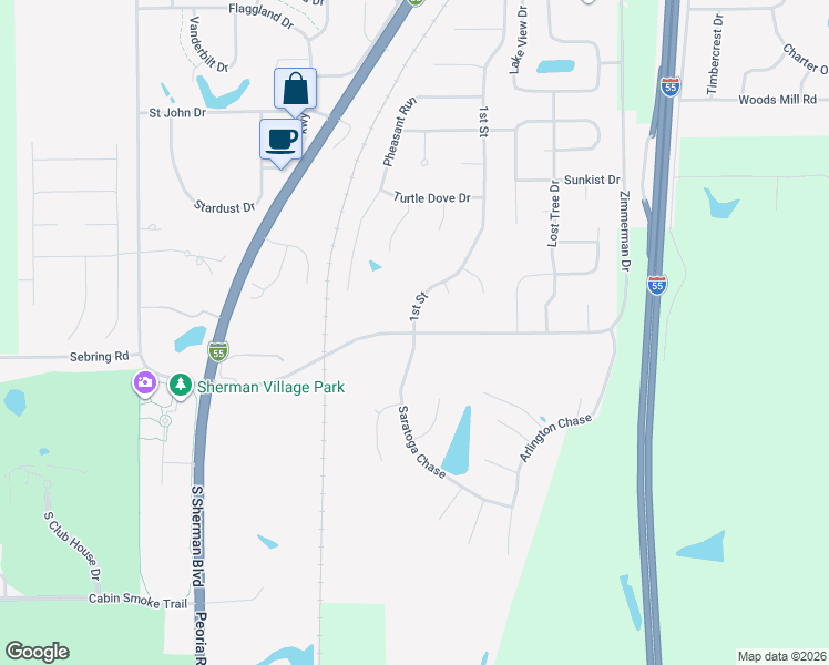 map of restaurants, bars, coffee shops, grocery stores, and more near Meredith Drive in Sherman