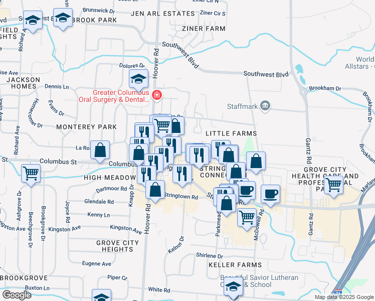 map of restaurants, bars, coffee shops, grocery stores, and more near 2400 Stringtown Road in Grove City