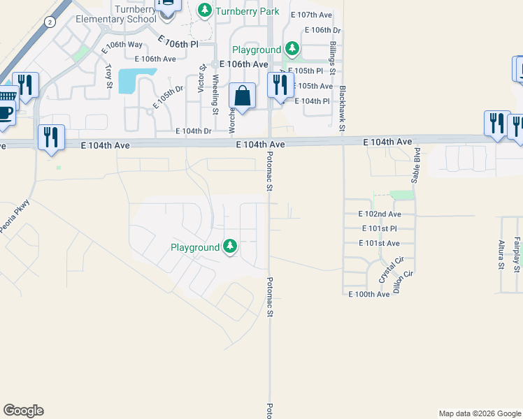 map of restaurants, bars, coffee shops, grocery stores, and more near 10250 Potomac Street in Commerce City