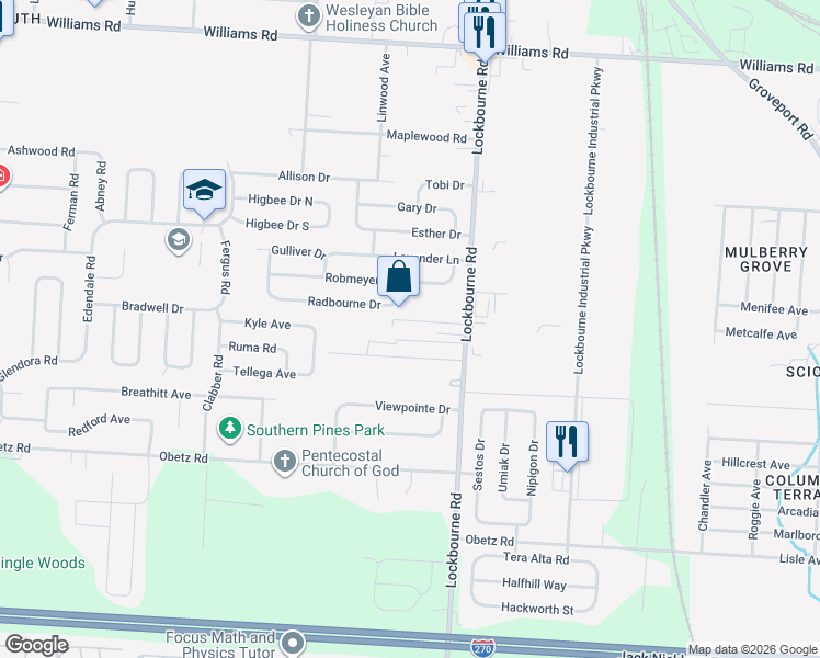 map of restaurants, bars, coffee shops, grocery stores, and more near 1103 Vernon Drive in Columbus