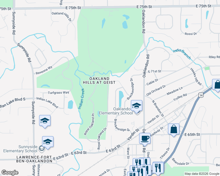 map of restaurants, bars, coffee shops, grocery stores, and more near 6919 Royal Oakland Drive in Indianapolis