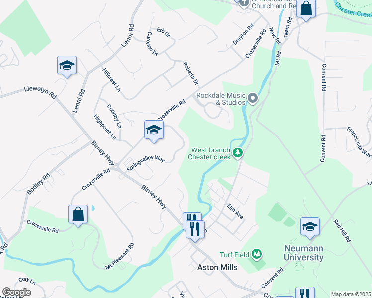 map of restaurants, bars, coffee shops, grocery stores, and more near 204 Spring Valley Way in Aston
