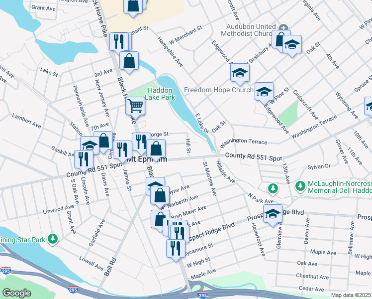 map of restaurants, bars, coffee shops, grocery stores, and more near 15 Hill Street in Mount Ephraim