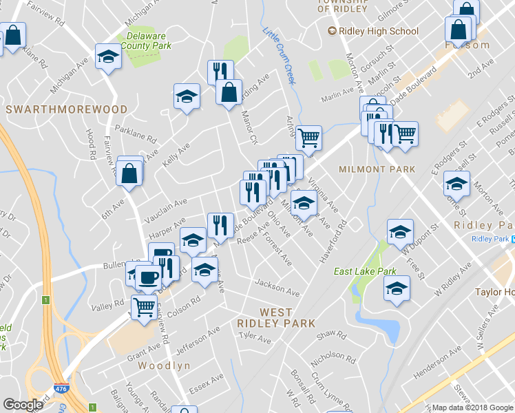 map of restaurants, bars, coffee shops, grocery stores, and more near 701 MacDade Boulevard in Woodlyn