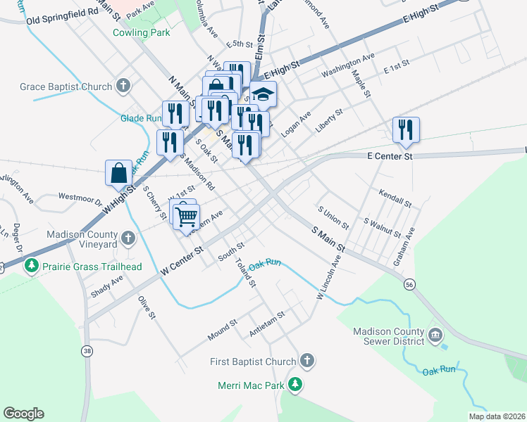 map of restaurants, bars, coffee shops, grocery stores, and more near 172 South Oak Street in London
