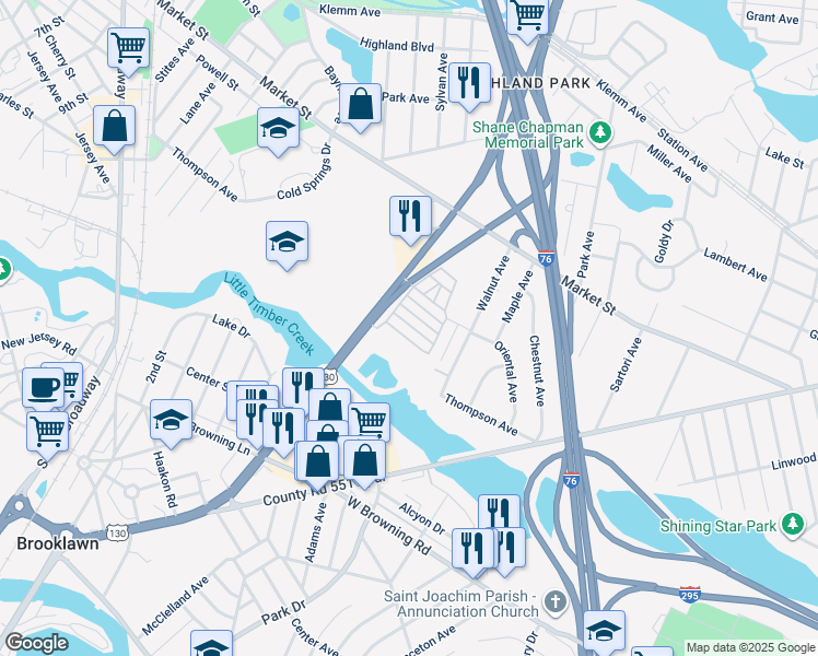 map of restaurants, bars, coffee shops, grocery stores, and more near 21 Cedarwood Avenue in Gloucester City