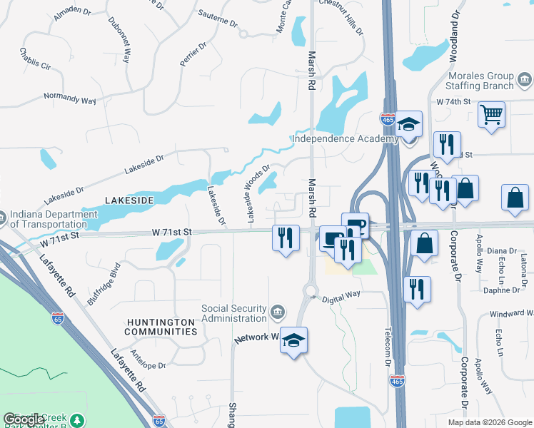 map of restaurants, bars, coffee shops, grocery stores, and more near 7136 Caversham Place in Indianapolis