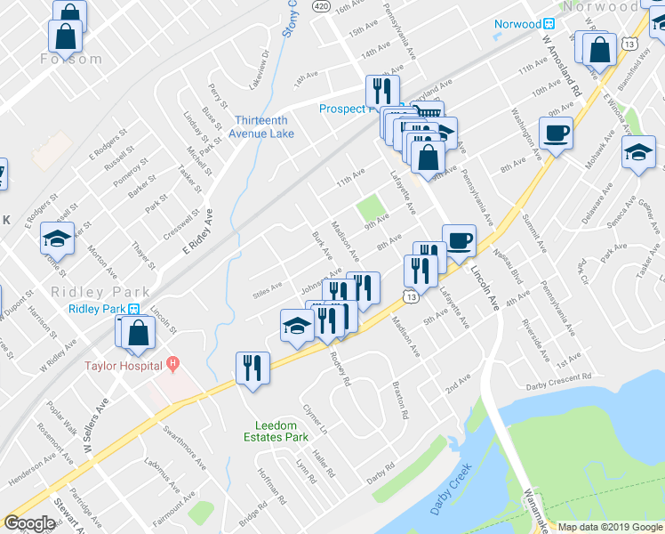 map of restaurants, bars, coffee shops, grocery stores, and more near 519 Johnson Avenue in Ridley Park