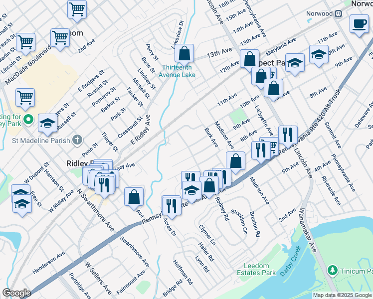 map of restaurants, bars, coffee shops, grocery stores, and more near 412 Hinkson Boulevard in Ridley Park