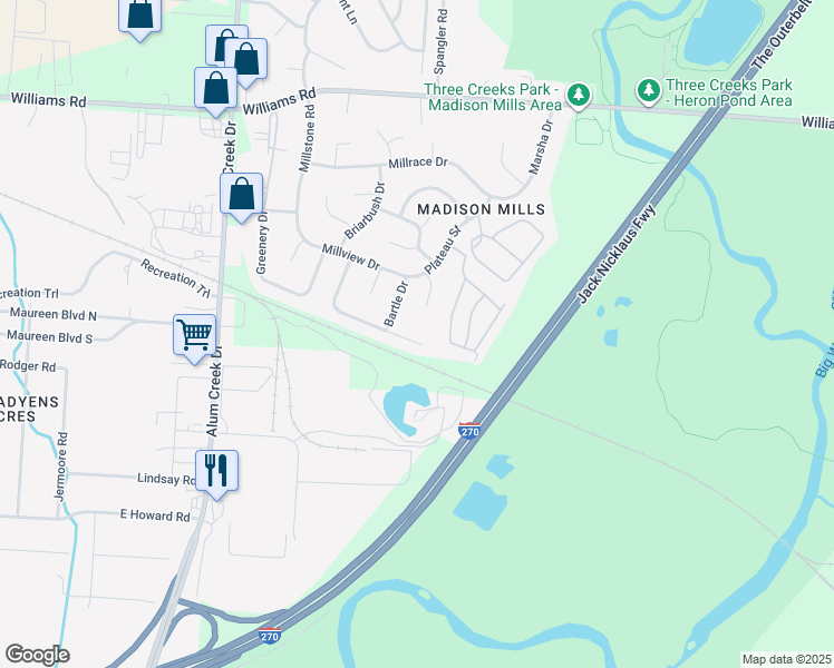 map of restaurants, bars, coffee shops, grocery stores, and more near 2702 Four Seasons Drive in Columbus