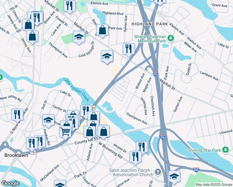 map of restaurants, bars, coffee shops, grocery stores, and more near 21 Cedarwood Avenue in Gloucester City