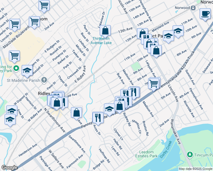 map of restaurants, bars, coffee shops, grocery stores, and more near 412 Hinkson Boulevard in Ridley Park