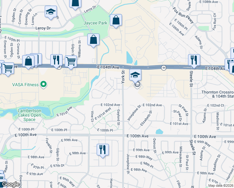 map of restaurants, bars, coffee shops, grocery stores, and more near 10221 York Place in Thornton