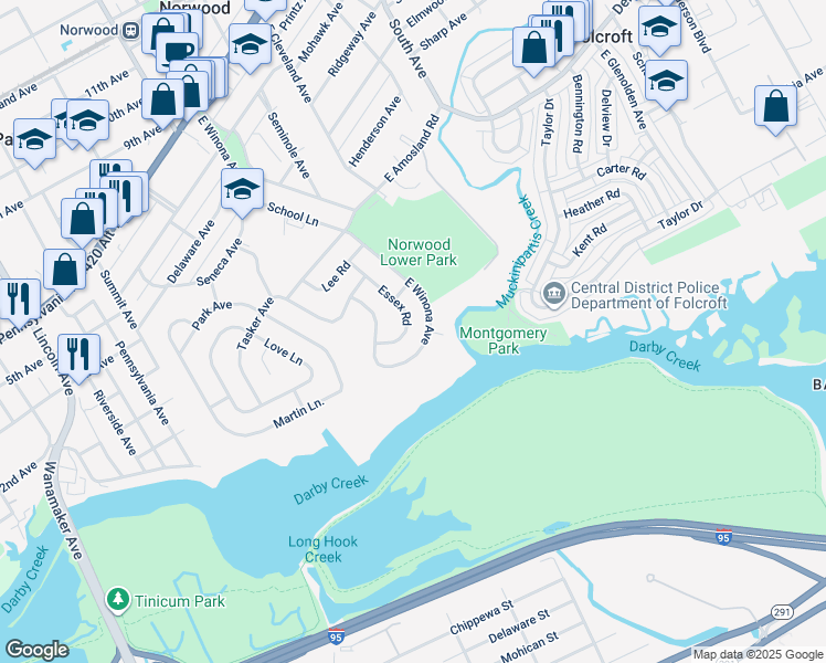 map of restaurants, bars, coffee shops, grocery stores, and more near 523 Essex Road in Norwood
