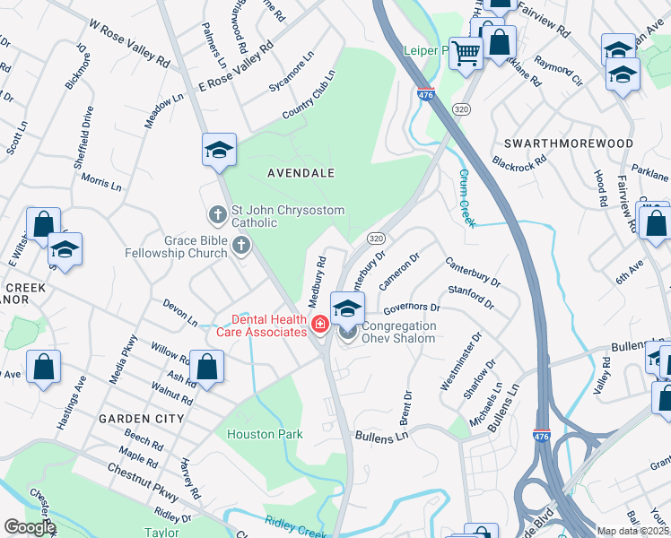map of restaurants, bars, coffee shops, grocery stores, and more near 43 Medbury Road in Delaware County