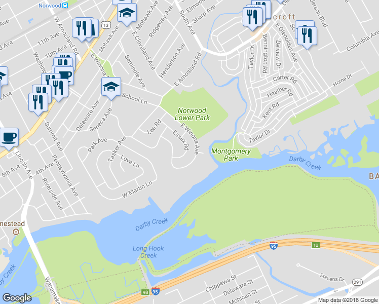 map of restaurants, bars, coffee shops, grocery stores, and more near 523 Essex Road in Norwood