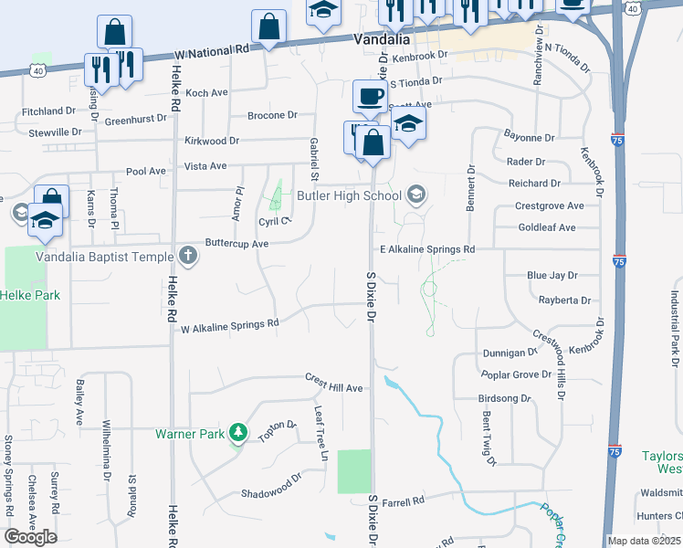 map of restaurants, bars, coffee shops, grocery stores, and more near 836 Meyers Court in Vandalia