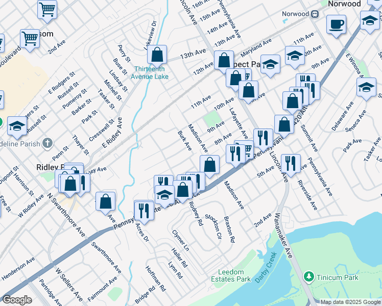 map of restaurants, bars, coffee shops, grocery stores, and more near 519 Johnson Avenue in Ridley Park