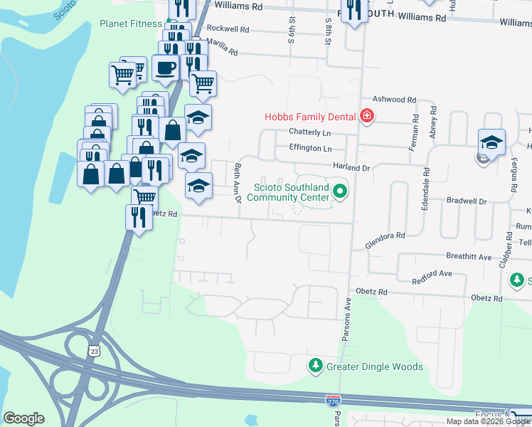 map of restaurants, bars, coffee shops, grocery stores, and more near 3939 Rosland Drive in Columbus