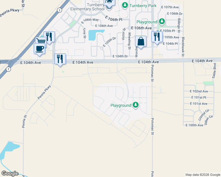 map of restaurants, bars, coffee shops, grocery stores, and more near 10204 Wheeling Street in Commerce City
