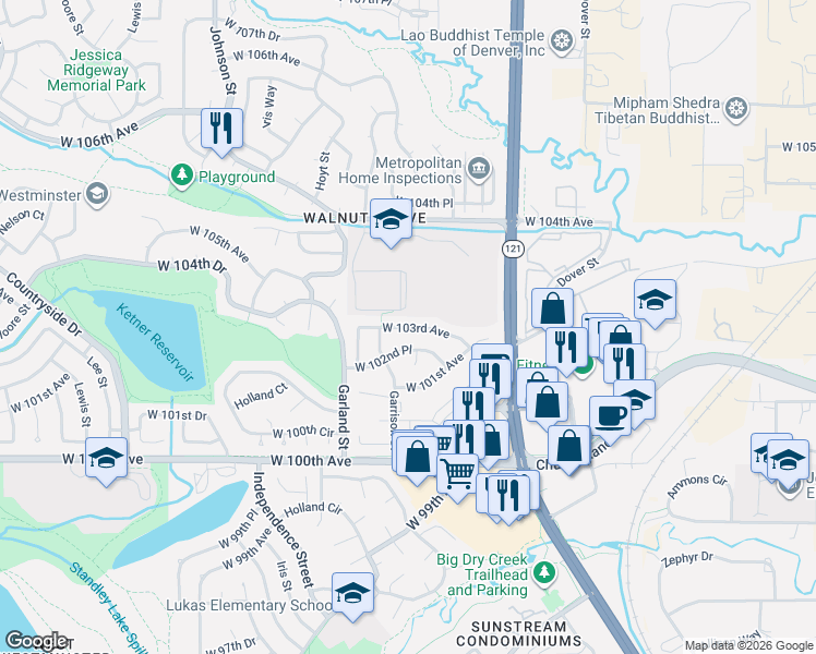 map of restaurants, bars, coffee shops, grocery stores, and more near 9144 West 103rd Avenue in Westminster