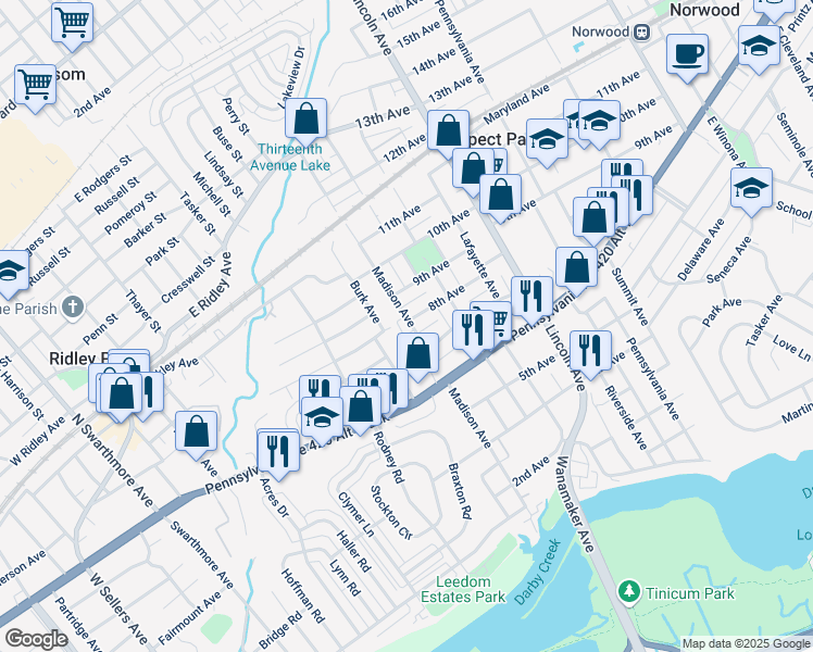 map of restaurants, bars, coffee shops, grocery stores, and more near 516 Johnson Avenue in Ridley Park