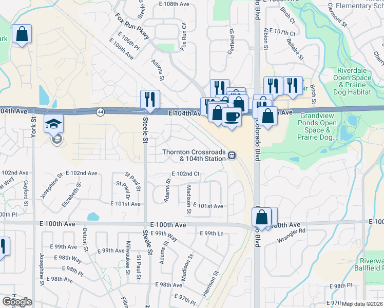 map of restaurants, bars, coffee shops, grocery stores, and more near 3551 East 103rd Circle in Denver