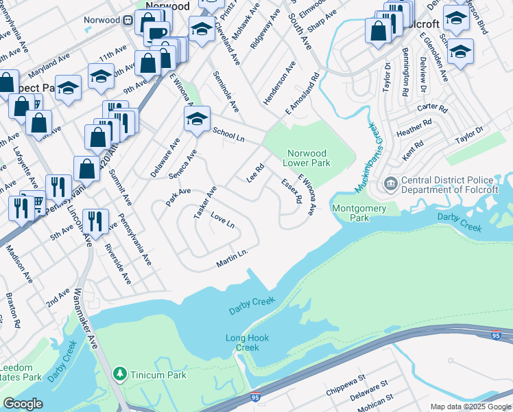 map of restaurants, bars, coffee shops, grocery stores, and more near 520 Devon Road in Norwood