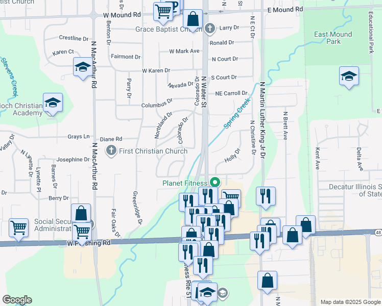 map of restaurants, bars, coffee shops, grocery stores, and more near 74 Pennsylvania Drive in Decatur