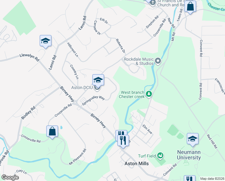 map of restaurants, bars, coffee shops, grocery stores, and more near 207 Springvalley Way in Aston