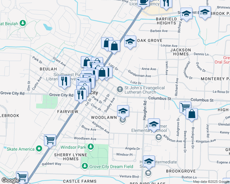 map of restaurants, bars, coffee shops, grocery stores, and more near in Grove City