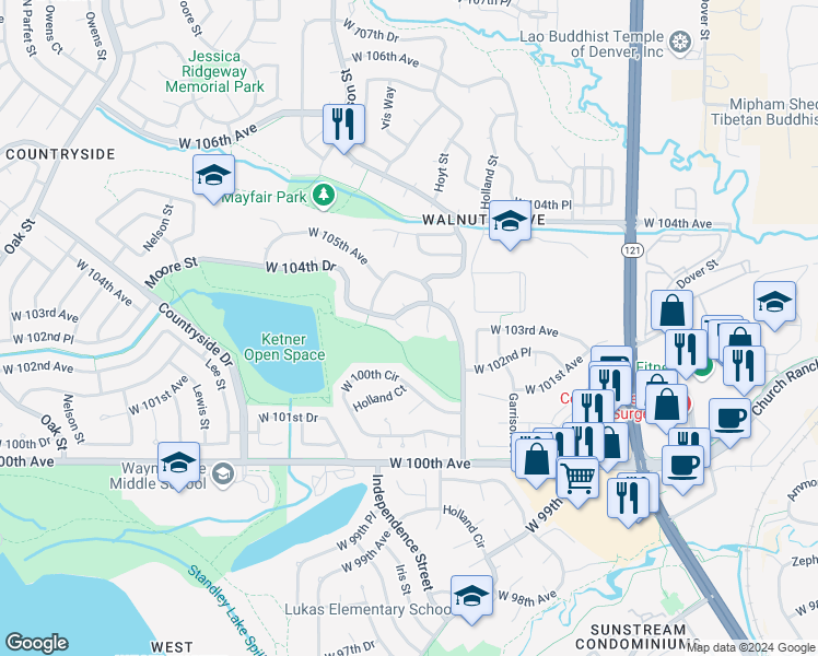map of restaurants, bars, coffee shops, grocery stores, and more near 10434 Hoyt Place in Westminster