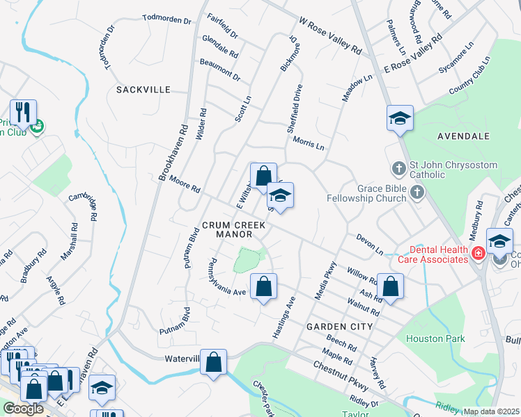 map of restaurants, bars, coffee shops, grocery stores, and more near 624 Georgetown Road in Nether Providence Township