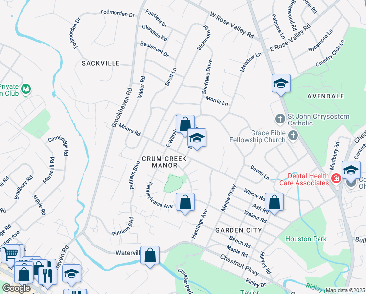 map of restaurants, bars, coffee shops, grocery stores, and more near 624 Georgetown Road in Nether Providence Township