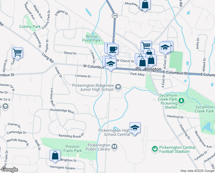 map of restaurants, bars, coffee shops, grocery stores, and more near 129 Hill Road South in Pickerington