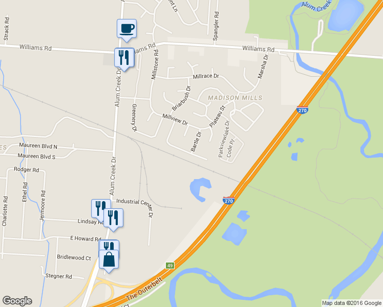 map of restaurants, bars, coffee shops, grocery stores, and more near 2684 4 Seasons Drive in Columbus