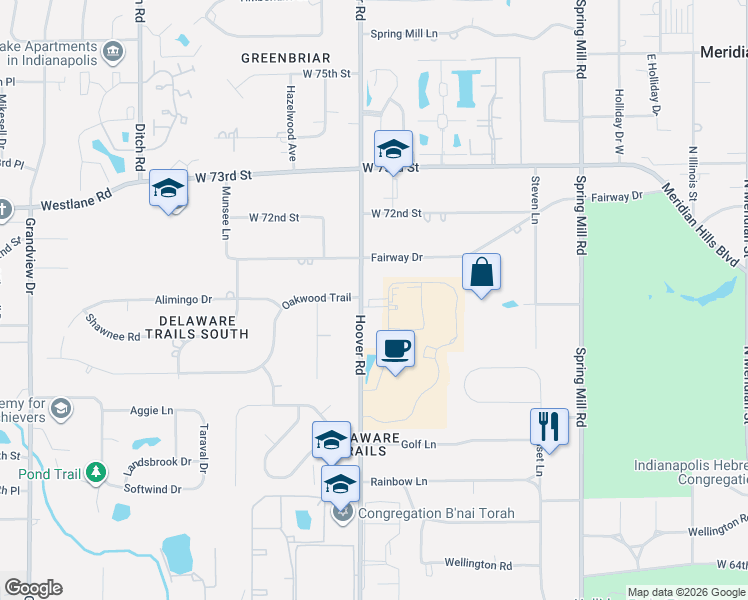 map of restaurants, bars, coffee shops, grocery stores, and more near 7005 Hoover Road in Indianapolis