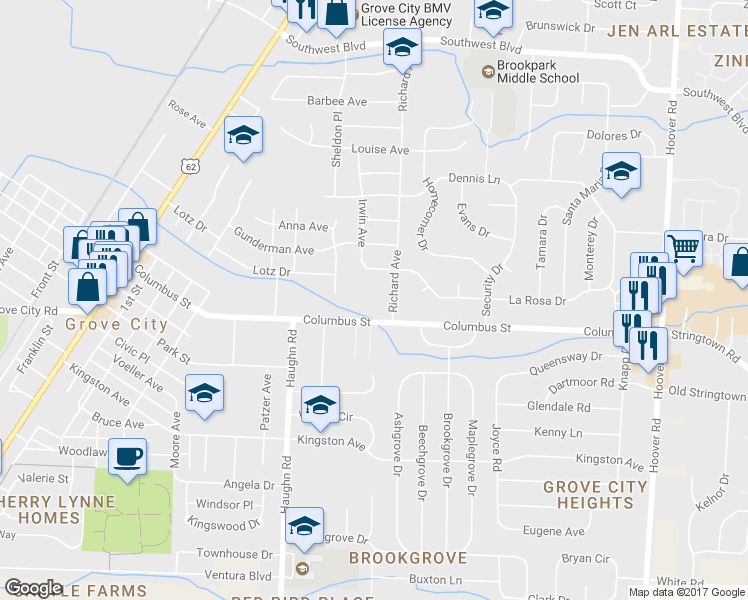 map of restaurants, bars, coffee shops, grocery stores, and more near 2960 Columbus Street in Grove City