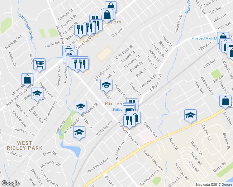 map of restaurants, bars, coffee shops, grocery stores, and more near 108 Park Street in Ridley Park