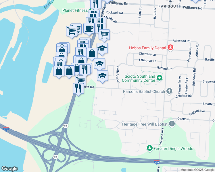 map of restaurants, bars, coffee shops, grocery stores, and more near 122 Obetz Road in Columbus
