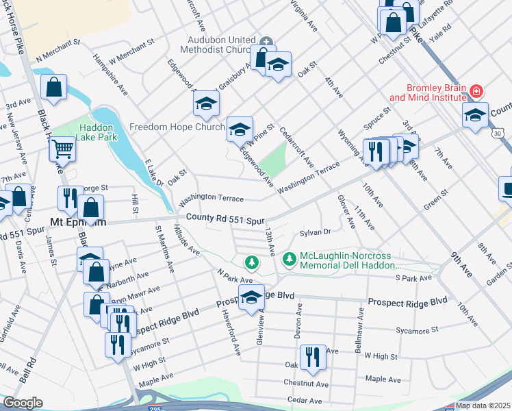 map of restaurants, bars, coffee shops, grocery stores, and more near 534 Washington Terrace in Audubon