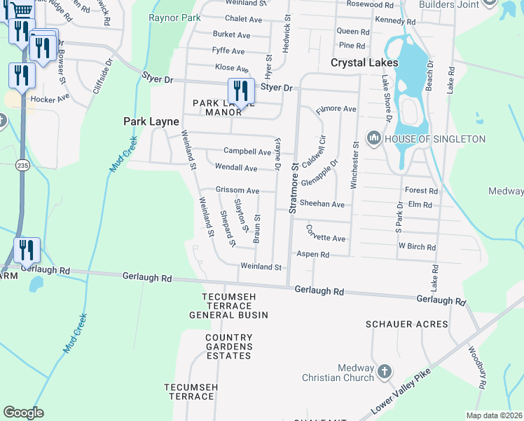 map of restaurants, bars, coffee shops, grocery stores, and more near 210 Braun Street in New Carlisle