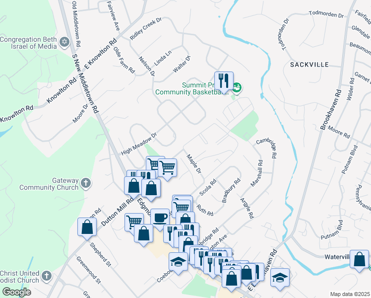 map of restaurants, bars, coffee shops, grocery stores, and more near 12 Maple Drive in Brookhaven