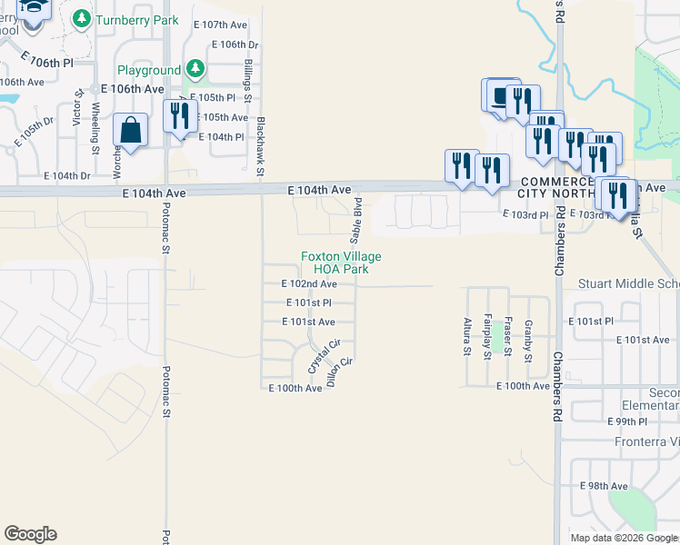 map of restaurants, bars, coffee shops, grocery stores, and more near 14431 East 102nd Avenue in Commerce City