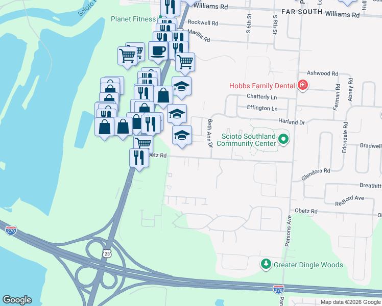 map of restaurants, bars, coffee shops, grocery stores, and more near 122 Obetz Road in Columbus