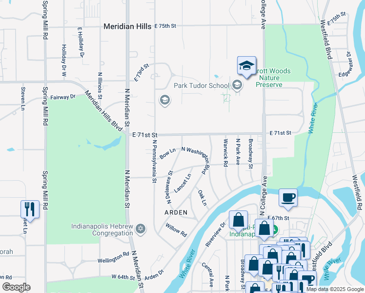 map of restaurants, bars, coffee shops, grocery stores, and more near 7070 Washington Boulevard West in Indianapolis