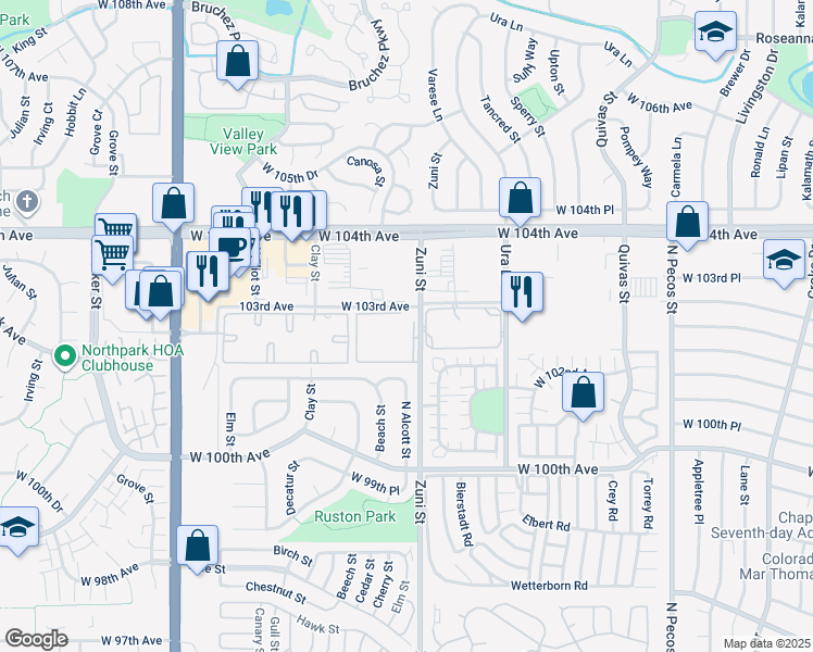 map of restaurants, bars, coffee shops, grocery stores, and more near 10251 Zuni Street in Federal Heights
